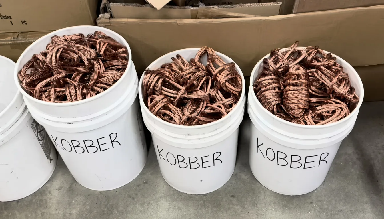 Tre hvite bøtter merket KOBBER, fylt med blank, avisolert kobberledning